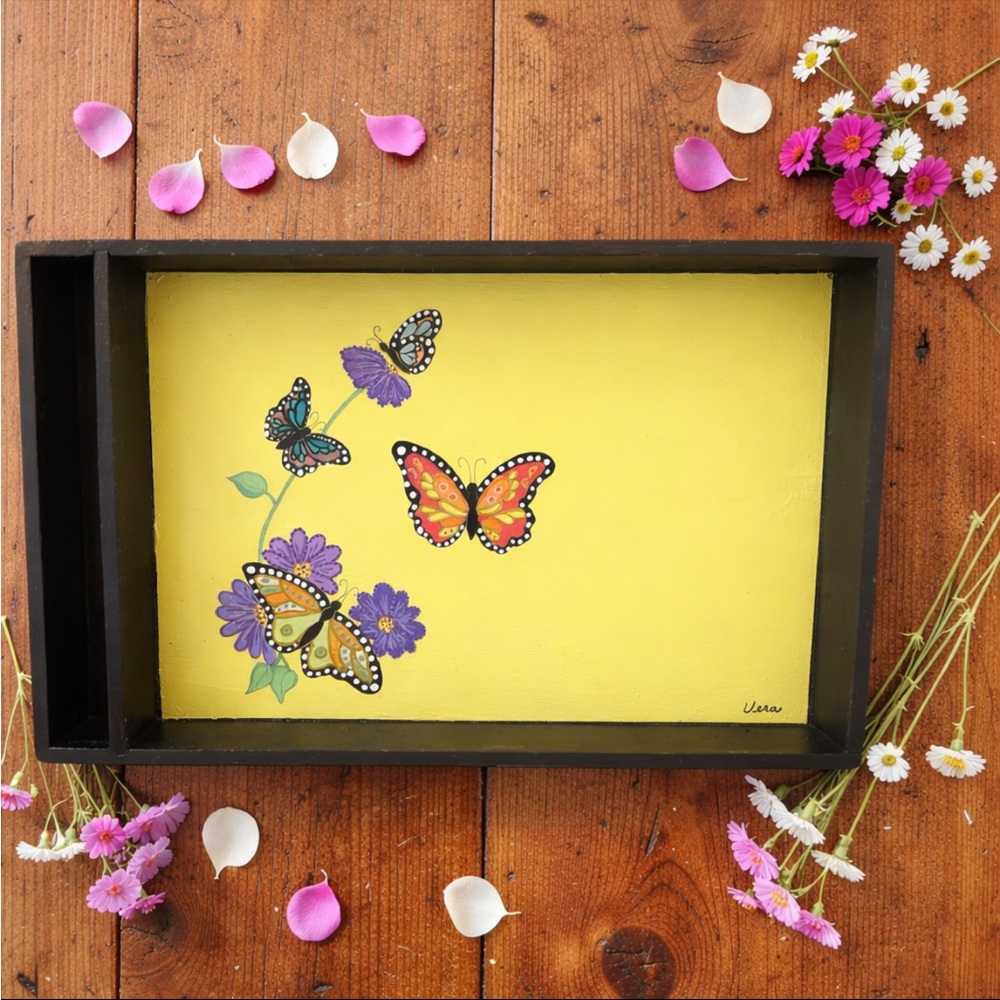Handmade hand painted up cycled butterfly floral wood Tray handcrafted vintage
